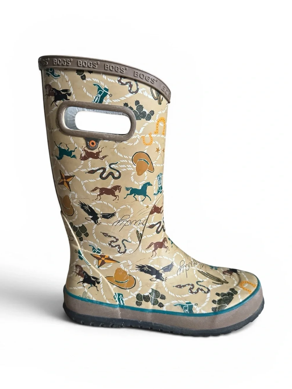 BOGS Waterproof Rain Boots Tan Cowboy Western Print Kids Size 3